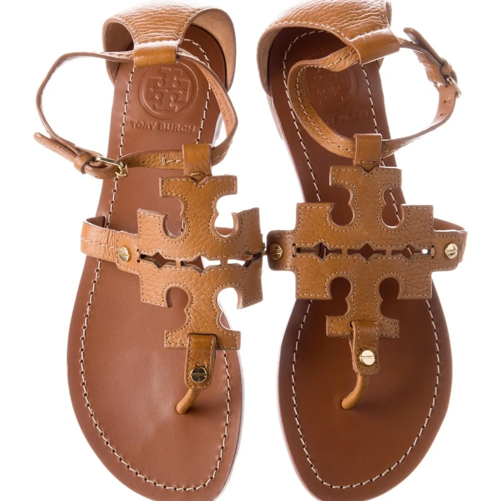 Tory Burch Tan Leather Miller Logo Thong Sandals